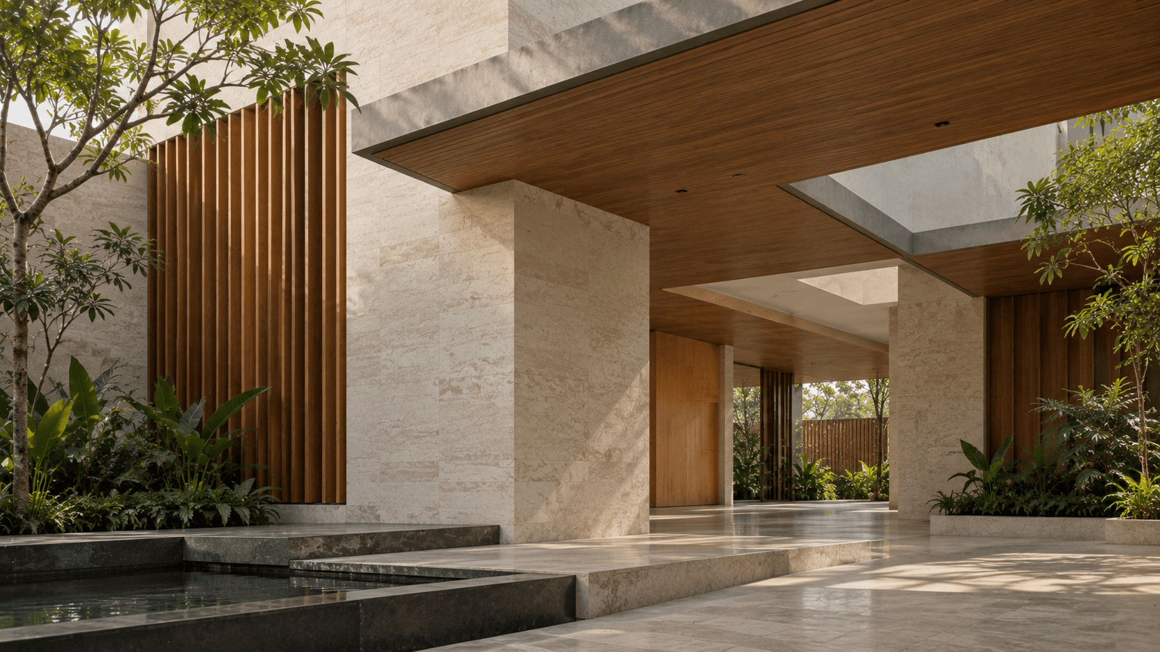 A wide courtyard where stone walls, a timber ceiling, water, and planting meet under open sky