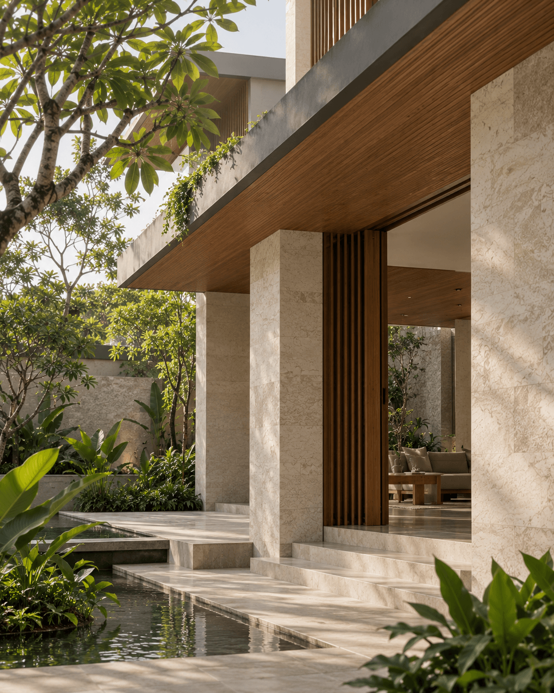 A villa entrance with travertine columns, a timber canopy, and a reflecting pool beneath tropical trees