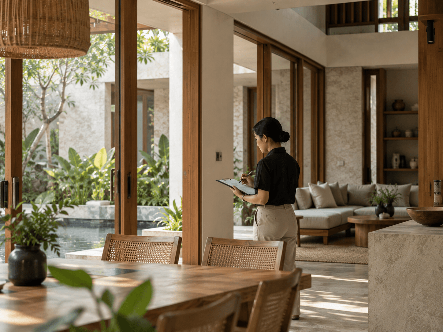 A property manager taking notes with a clipboard inside a tropical villa