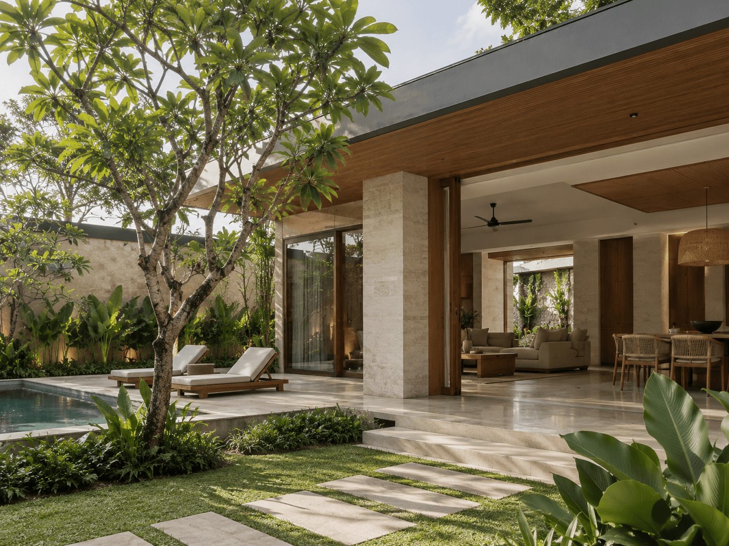A tropical villa courtyard with a pool, garden, and open living area