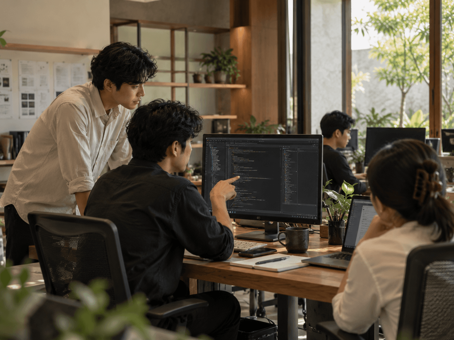 Developers reviewing code together on a monitor in a naturally lit workspace