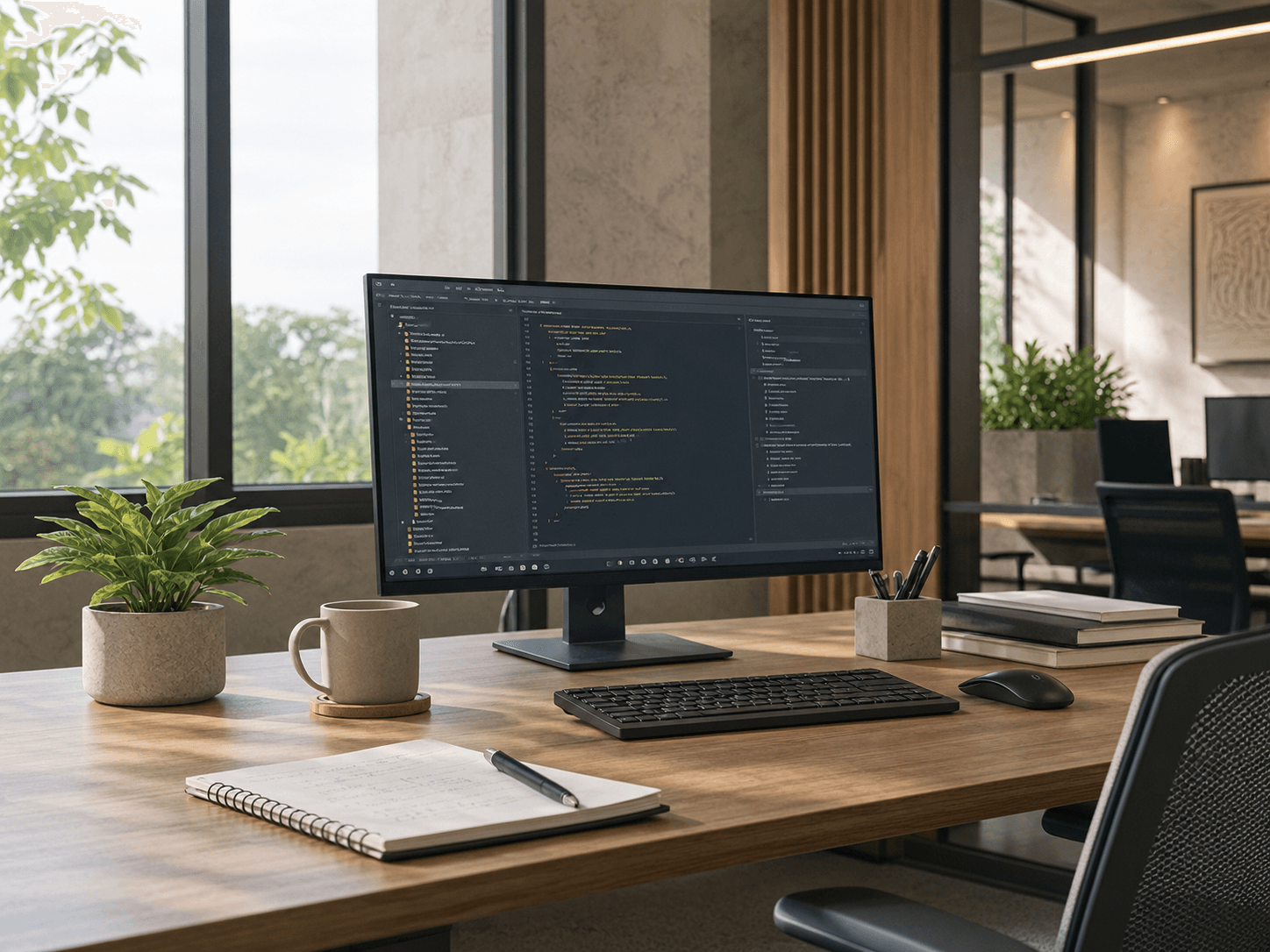 A calm, modern workspace with a coding desk