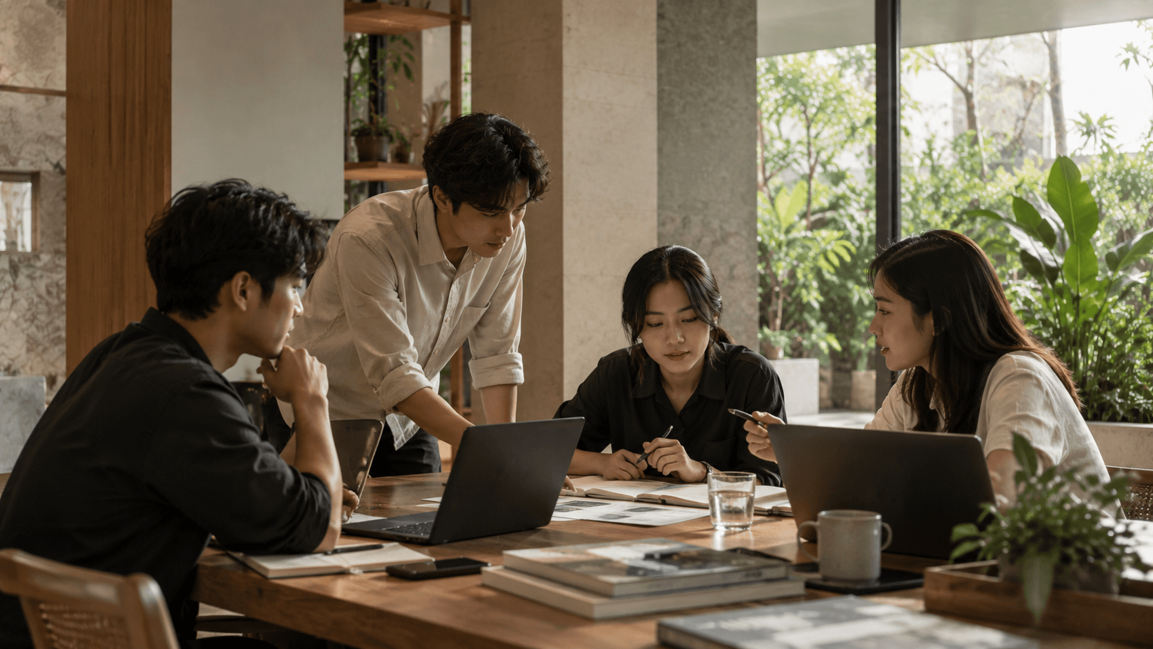 A small team discussing work around a timber table with laptops and notebooks