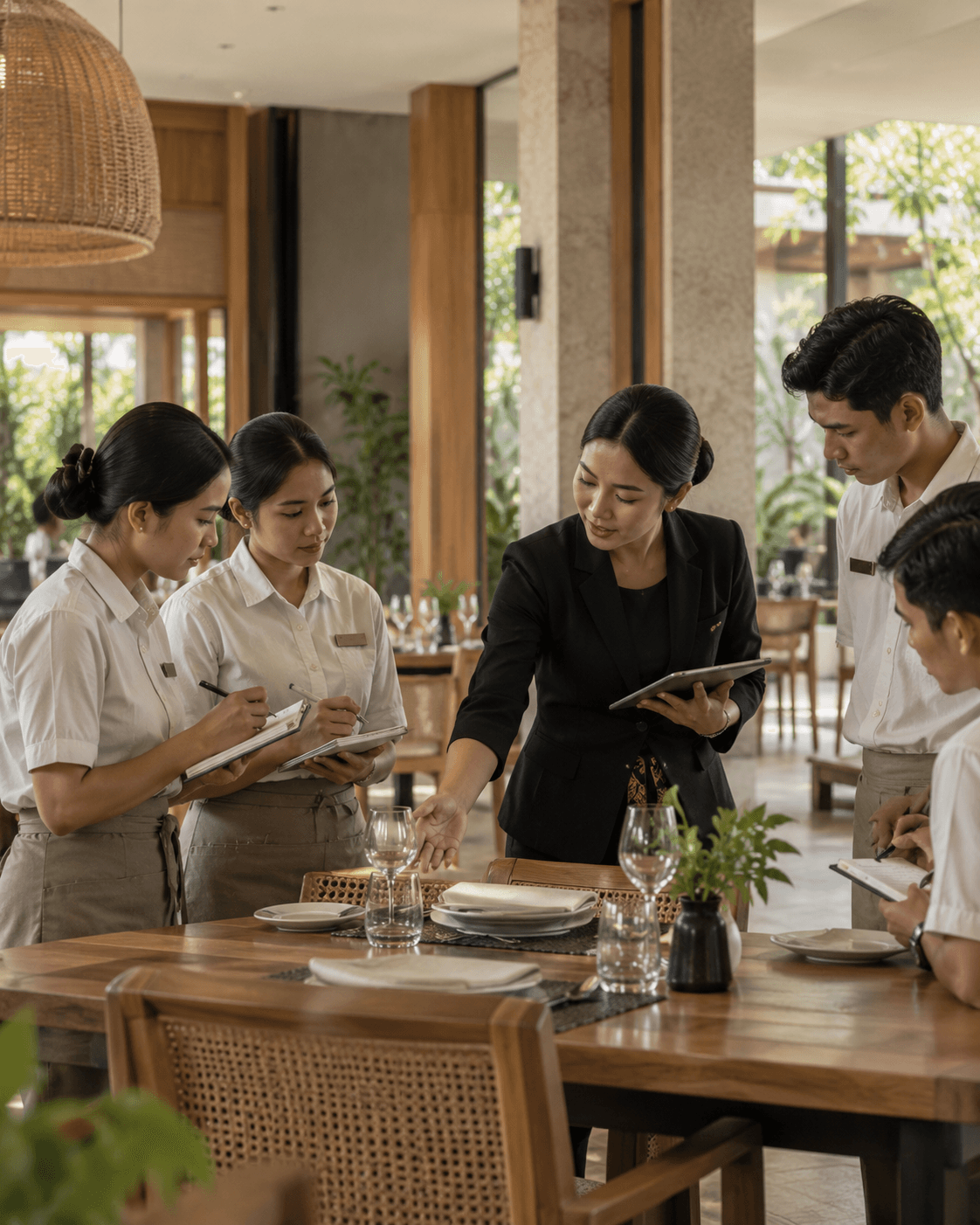 A trainer guiding restaurant staff through a table-setting session