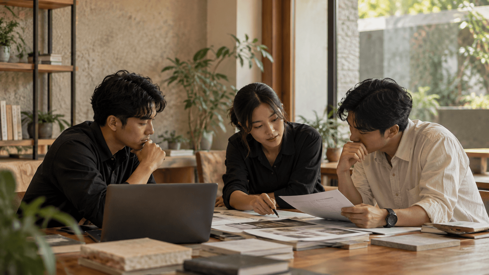Editorial photograph of professionals reviewing business plans around a table in a natural, understated workspace