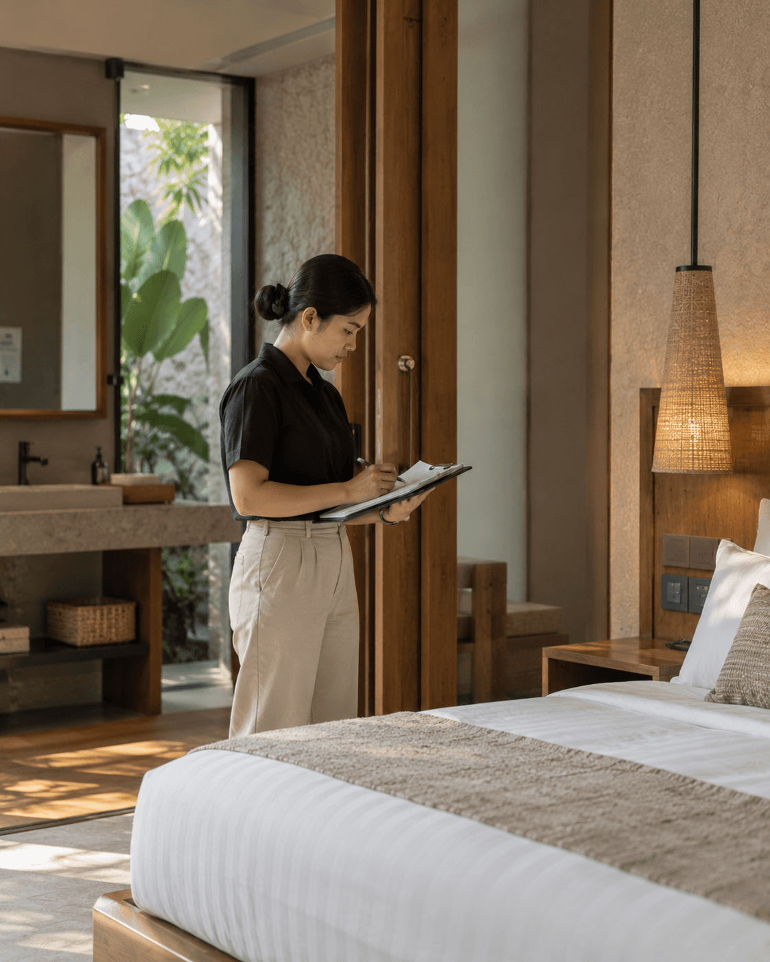 A property staff member completing an inspection checklist in a villa bedroom