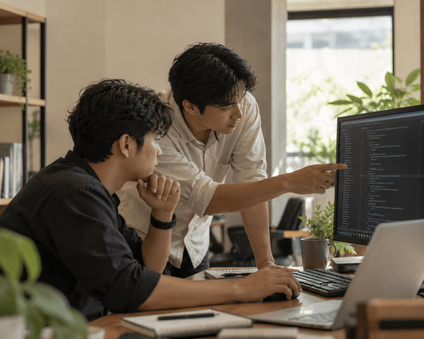 Two developers reviewing code together on a monitor in a naturally lit office