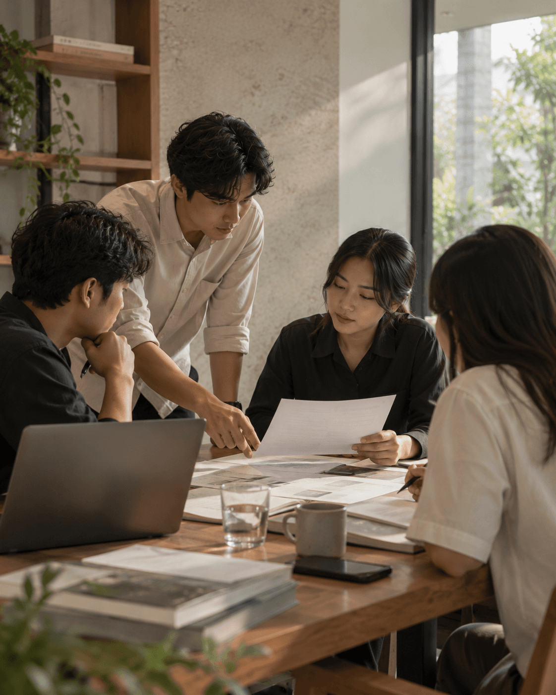 A small team reviewing printed documents together around a timber table in a sunlit office