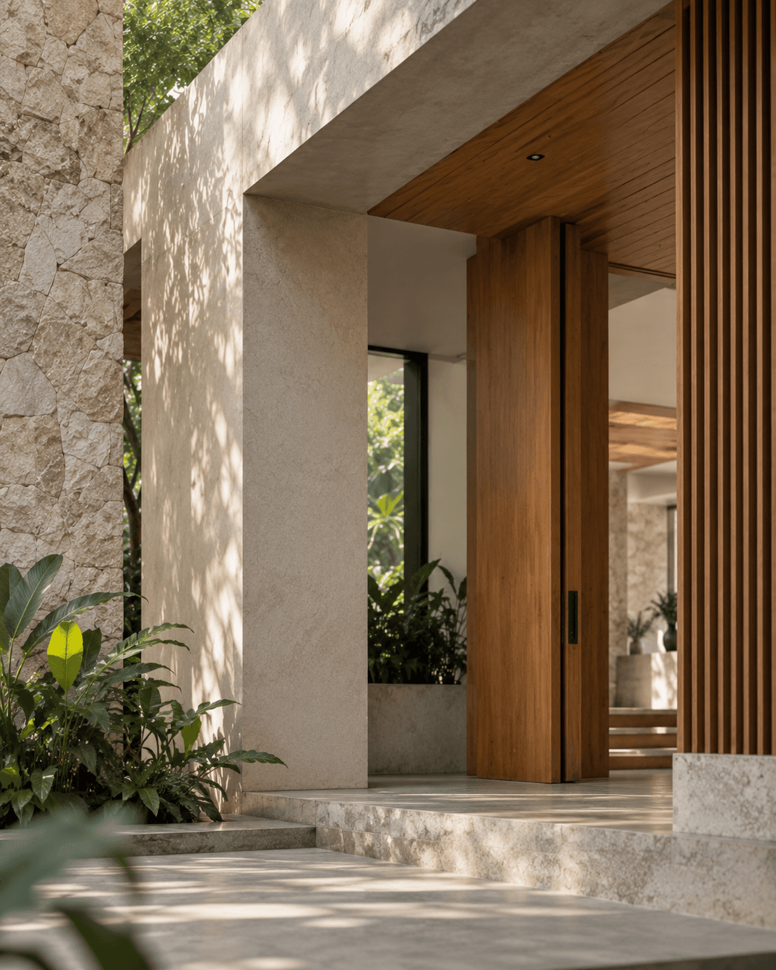 A stone and timber entrance with tall wooden doors and tropical planting in dappled sunlight
