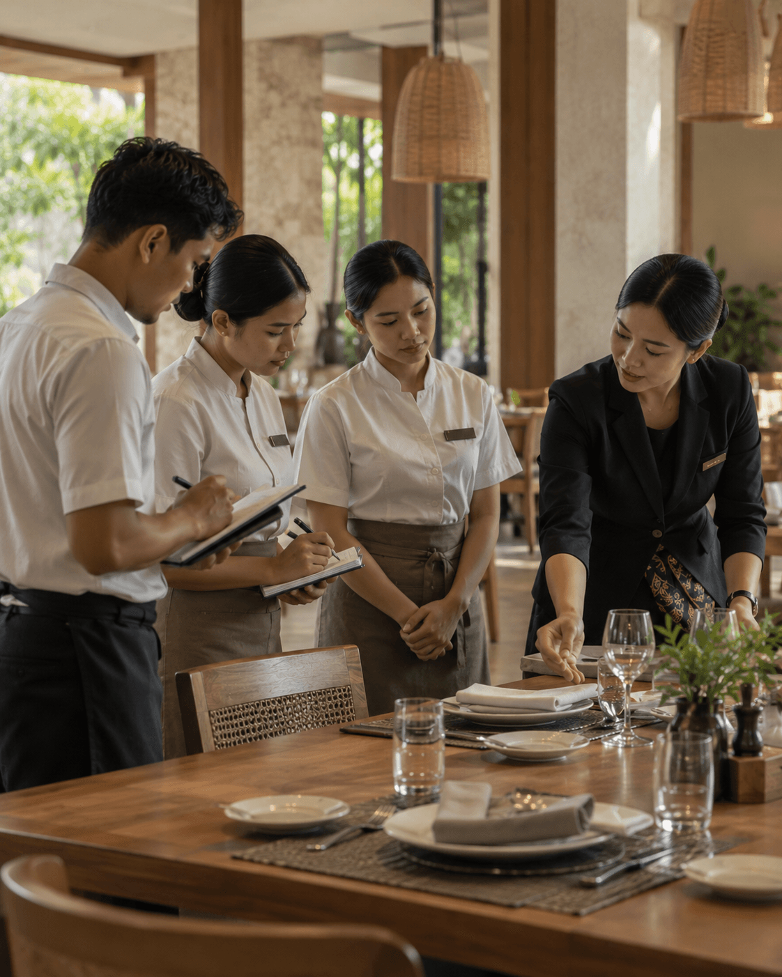 A hospitality trainer demonstrating a table setting to restaurant staff taking notes